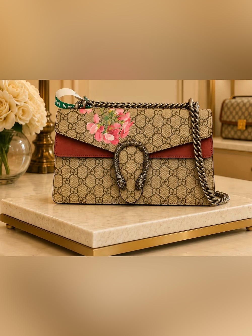 Gucci LARGE GG Supreme Shoulder Bag with Pink Floral and Red Trim